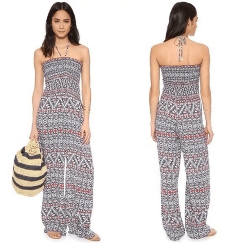 Tory Burch Geometric Smocked Strapless Halter Wide leg Jumpsuit - Size Large